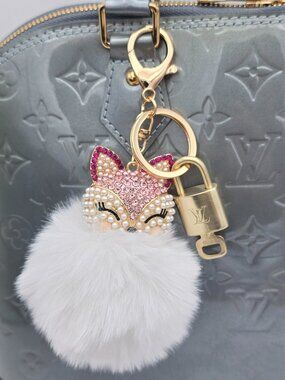 LV Authentic Gold Padlock 🔒 Key Set w/ Unbranded Fox Pom-pom Keychain Charm